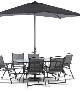 Kompletny Zestaw Ogrodowy Risari, Stół 160cm plus 6 krzeseł, parasol Składany